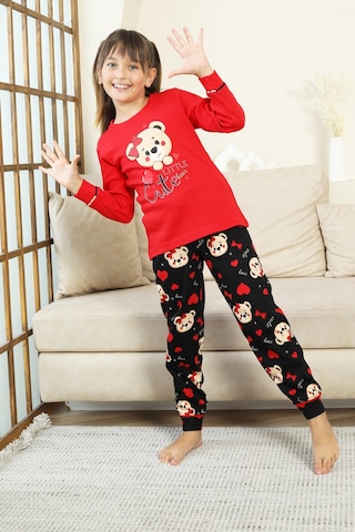 Kız Çocuk Ayıcık Baskılı %100 Pamuk İnterlok Kumaş Pijama Takımı 12347 Nar Cıcegı