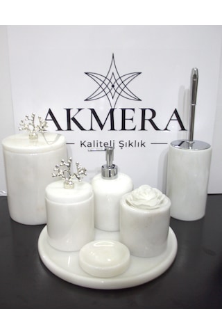Beyaz Mermer Gümüş Mercan Detaylı 7 Parça Banyo Seti Beyaz