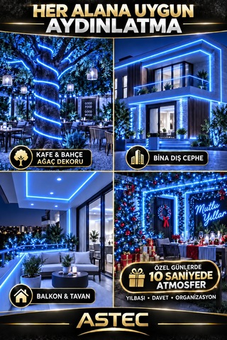 Astec Yapışkanlı 100 Metre Mavi 220v Silikonlu Şerit Led Yüksek Güç Tak Çalıştır İç Dış Mekân Su Geçirmez
