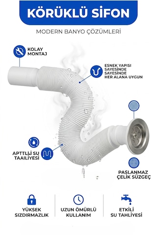 Körüklü Lavabo Sifonu Esnek Gider Borusu Kolay Montaj Koku Önleyici