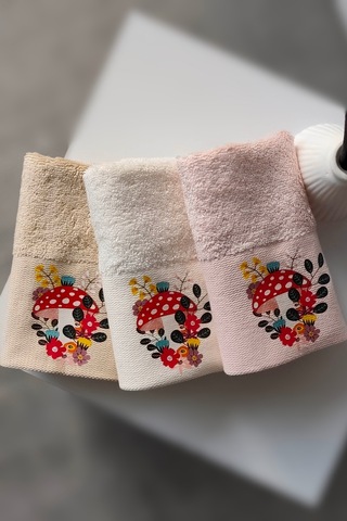3'lü Mantar Baskılı Karışık Renkli Misafir Havlu Takımı - Bambu El & Yüz & Mutfak Havlusu - 30x50 Cm Krem Krem