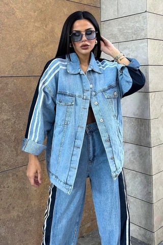 Kadın Siyah Kot Garnili Yanı Şeritli Palazzo Alt Üst Takım Çok Renkli