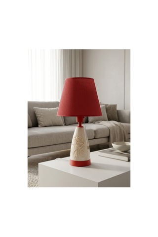 Işık Geçiren Porselen Abajur 49 Cm - Kırmızı, İpek Şapkalı Pa030101s