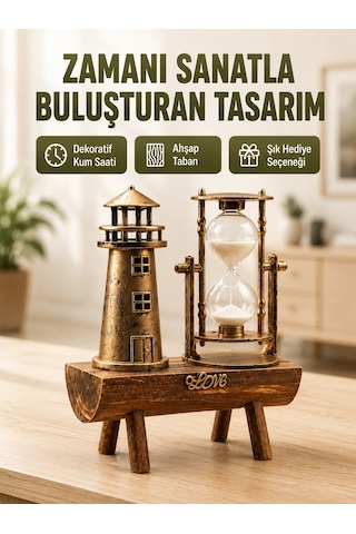 Vintage Kum Saati + Deniz Feneri Modeli Ahşap Gövdeli Masa Üstü Dekor Yeni Nesil 01 81663924
