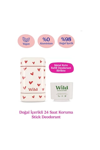 Wild %98 Natural Stick Deodorant Kutu + Refill Paketi - Love Heart Case + Pink Grapefruit & Lime 40 Gr