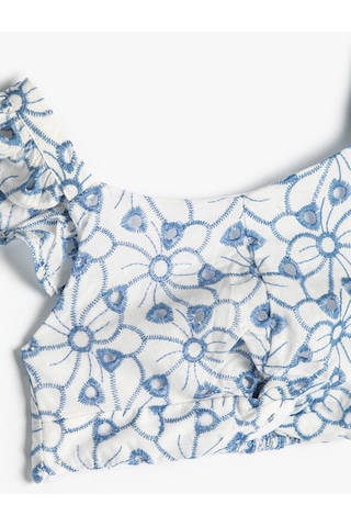 Koton Crop Bluz Askılı Fırfırlı Çiçek Desenli Fisto Detaylı Mavi 4skg60051aw Mavi