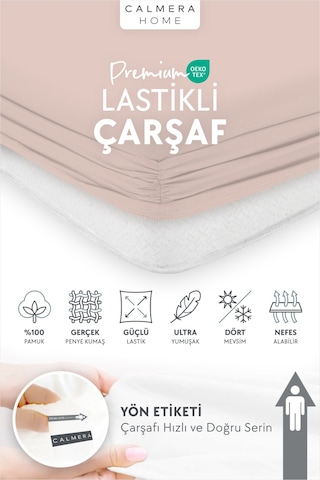 Calmera | %100 Pamuk Penye Lastikli Çarşaf | Çift Kişilik | Pudra