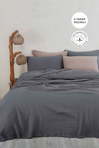 %100 Pamuk Çift Kişilik Müslin Yatak Örtüsü 4 Katlı Yumuşak Battaniye Müslin Pike Takımı 3 Parça Antrasit Koyu Gri