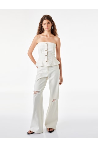 Koton Pamuklu Düğmeli Ekoseli Slim Fit Straplez Korse Bluz Kırık Beyaz 6sal30004mw Ekru