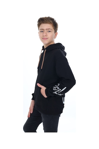 Toontoy Kids Toontoy Erkek Çocuk Oversize Kapüşonlu Cepli Düşük Omuz Baskılı Sweatshirt - 2 İplik Siyah