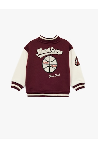 Koton Uzun Kollu Cepli Renk Kontrastlı Baskılı Oversize Kolej Yaka Bomber Ceket Bordo 6smb20003tk Bordo