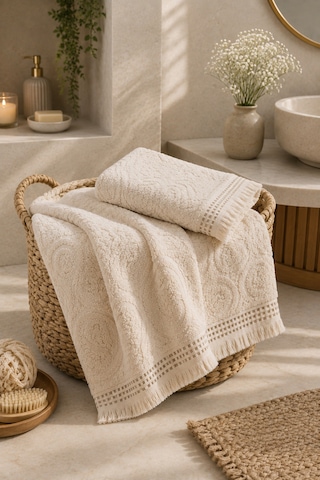 Paisley Desenli Saçaklı 2 Li Baş Ve Banyo Havlusu Seti 50x90 + 90x150 Cm - Ekru