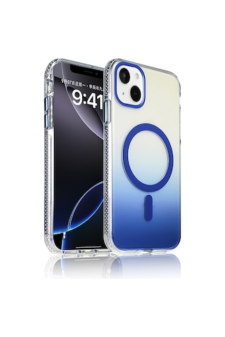 Apple Uyumlu iPhone 15 Kılıf M-safe Şarj Özellikli Transparan Renk Geçişli Zore Toros Kapak Mavi