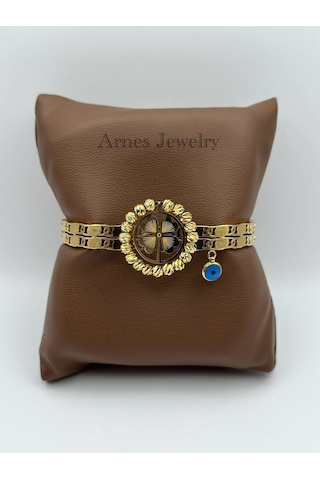 Arnes Jewelry Çelik Dorikalı Yoncalı Kelepçe Bileklik Ar80 Gold