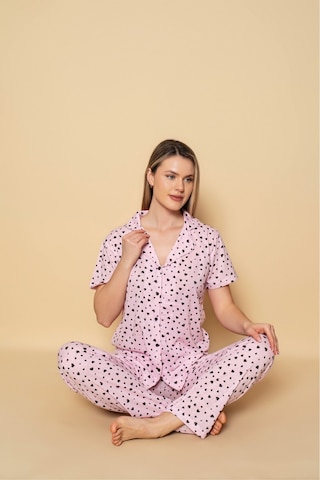 Kadın Gömlek Desenli Kısa Kol Pijama Akımı Pembe