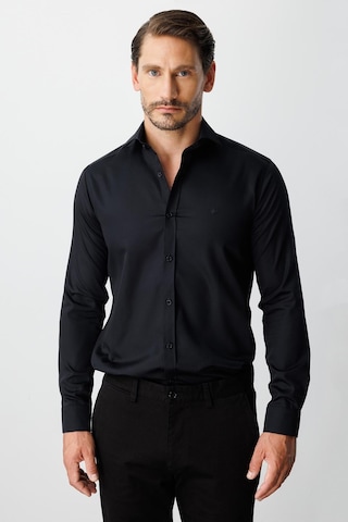 Igs Siyah Slim Fit Dar Kalıp Klasik Yaka Düz Uzun Kollu Cepsiz %100 Pamuk Gömlek-20003 Siyah