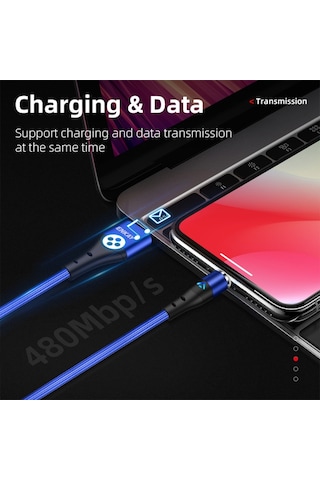 Enkay 3a Usb To Type-c Manyetik Hızlı Şarj Veri Kablosu Led Işıkla, Uzunluk: 1m Gümüş