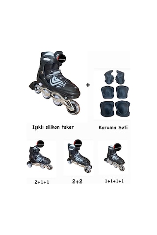 Işıklı Çocuk Pateni Ayarlanılabilir Alıştırma Silikon Tekerli Frenli Metal Gövdeli Paten Dizlik Set Siyah