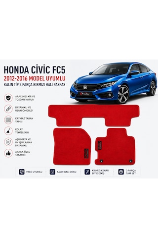 Honda Civic Fc5 2016-2021 Model Uyumlu Kırmızı Kalın Tip Halı Paspas Takımı 3 Parça Tam Set