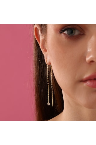 Queen Silver Jewelry 925 Ayar Gümüş Yuvarlak Küçük Taş Sallantılı Küpe Altın