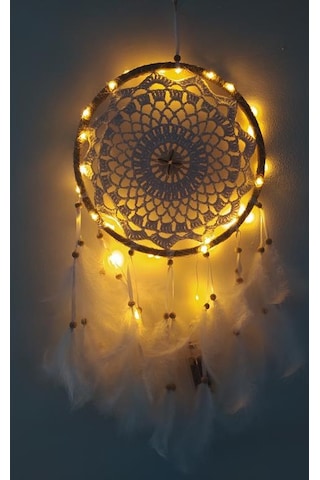 Led Işıklı Düş Kapanı Dreamcatcher Beyaz Kuş Tüyü Rüya Kapanı Duvar Süsü Elişi Beyaz