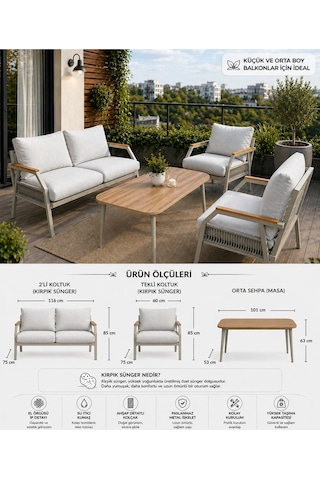 Daisy Kırpık 211 Masalı Krem Metal Bahçe Oturma Grubu Balkon Teras Dış Mekan Takımı Minderli