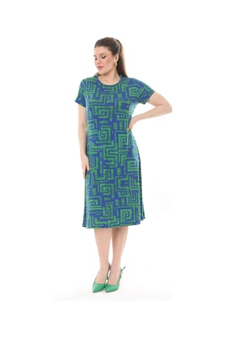 Kadın Mavi Yeşil Labirent Desen Midi Elbise-mavi Mavi