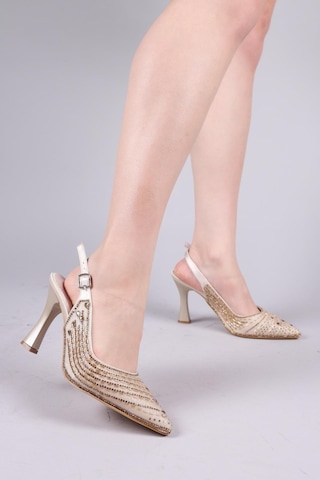 Melk Damla Taşlı Arka Açık Stiletto Gold-8483 Gold
