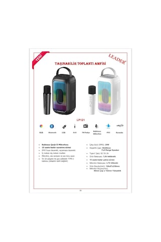 Leader Lp121 Rgb Bluetooth Usb Aux Fm Radyo Kablosuz Mikrofon Taşınabilir Toplantı Amfisi