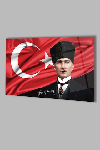 Atatürk Portre Ve Türk Bayrağı Yatay Cam Tablo Evlika, Modern Duvar Dekoru , Kurum Ofis İş Hediyelik Tablo