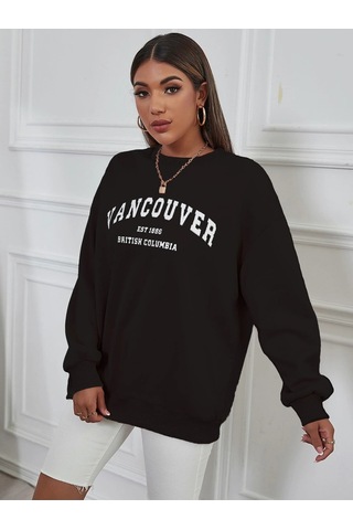 Oversize Vancover Baskılı Bisiklet Yaka Sweatshirt Siyah