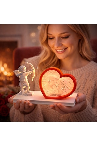 Aşk Meleği Kalp Lithophane Lamba Kişiye Özel Fotoğraflı Romantik 3d Anı Işığı Çok Rekli - Beyaz
