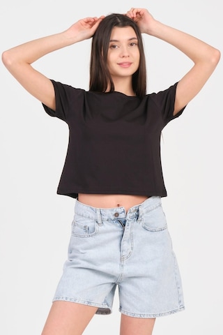 As Collection Siyah Bisiklet Yaka Kısa Kol Örme Kadın Crop 001