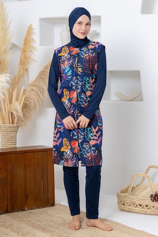 Rozamay 263303 Seneca Jileli Lycra Uzun Kollu Lacivert Dijital Desen Tesettür Mayo