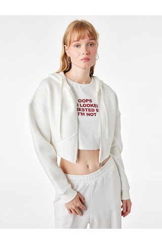 Koton Şardonlu Uzun Kollu Kapüşonlu Korse Detaylı Fermuarlı Crop Sweatshirt Ekru 7wal10059ık