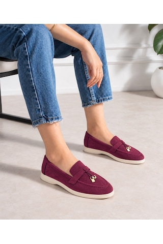 Dabab Shoes Lupy Kadın Bordo Süet Loafer Ayakkabı Gold Aksesuarlı Ortopedik Rahat Taban Casual Babet