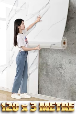 120cm X 3 Metre Rulo Premium Beyaz Mermer Desenli Yapışkanlı Duvar Paneli Kağıdı Ev Ofis Basıc Beyaz