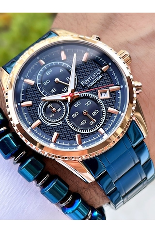 Ferrucci Lacivert Rose Gold Renk Çelik Kordon Fonksiyonlar Aktif Erkek Kol Saati + Bileklik Hediyeli Nda969