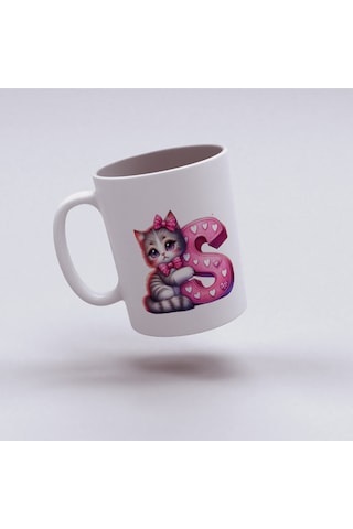 S Harfli Bardak, Sevimli Kedili Pembe Tasarım Bardak, Arkadaşa Aileye Hediye Porselen Beyaz