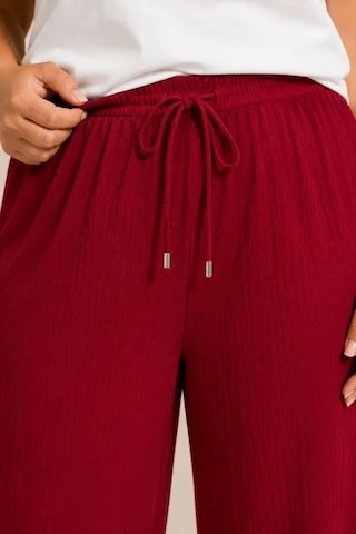 DefyModa Battal Beden Bürümcük Kumaş Beli Lastikli Bağcıklı Bol Paça Palazzo Pantolon - Bordo