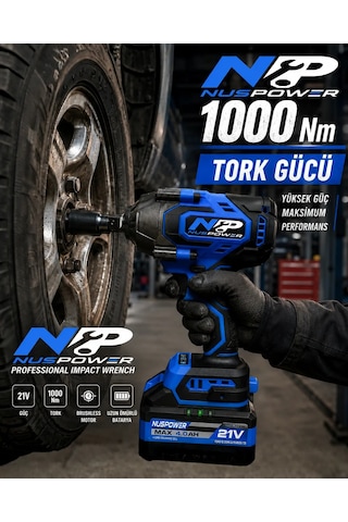 Nuspower Şarjlı Somun Sıkma Makinesi 1000 Nm Kömürsüz Motor Çift Akülü Profesyonel Mavi