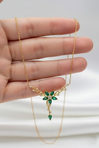 Çekirdekjewelry 925 Ayar Gümüş Zümrüt Taşlı Sarmaşık Kolye Gold