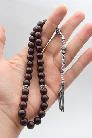 Prestij Gümüş 925 Ayar Gümüş Tesbih 33'lük Doğal Garnet - Lal Taşlı 10 Mm Küre Kesim