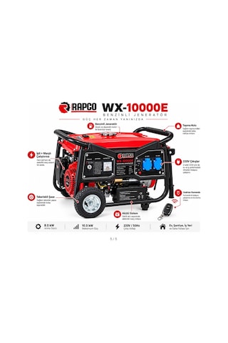Algaride Rapc Wx-10000e Benzinli Jeneratör 10 Kw Maksimum Güç 420cc Marşlı İpli Akülü Uzaktan Kumandalı 220v 8 Kw Anma Gücü