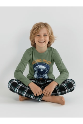 Vitmo Erkek Çocuk Uzun Kollu %100 Pamuklu Pijama Takımı Astro Pilot Yeşil