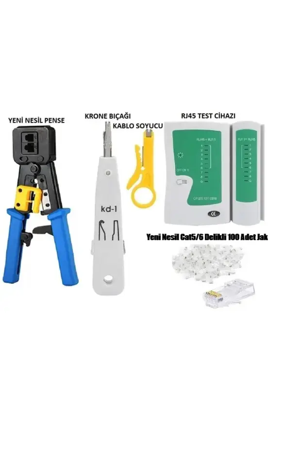Yeni Nesil Pense + Rj45 Rj11 Test Cihazı + Kablo Soyucu + 100 Adet Yeni Nesil Rj45 + Krone Bıçağı Kep Kep Ethernet Bakım Kiti