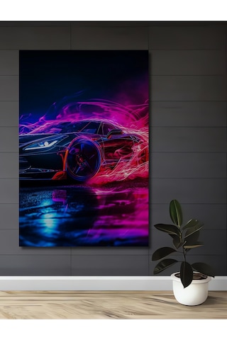 Neon Işıltılı Süper Spor Araba Yağlı Boya Görünümlü Ahşap Dekoratif Tablo Uynkfrk69016