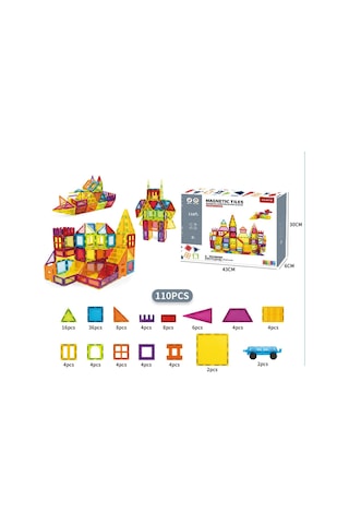 110 Parça Manyetik Blok Seti - 7.5 Cm Standart Seri Renkli Magnet Mıknatıslı Yapı Blokları, 3+ Yaş E