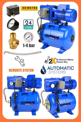 Stilmax St25lt15 1.5 Hp Bakır Sargı Jet150 Su Pompası + 24lt Küre Tank Otomatik Hidrofor Su Pompası