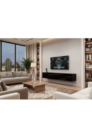 Mac Dizayn Adresan Tv Ünitesi 200 Cm Parlak Siyah Highgloss Modern Tv Sehpası Parlak Siyah